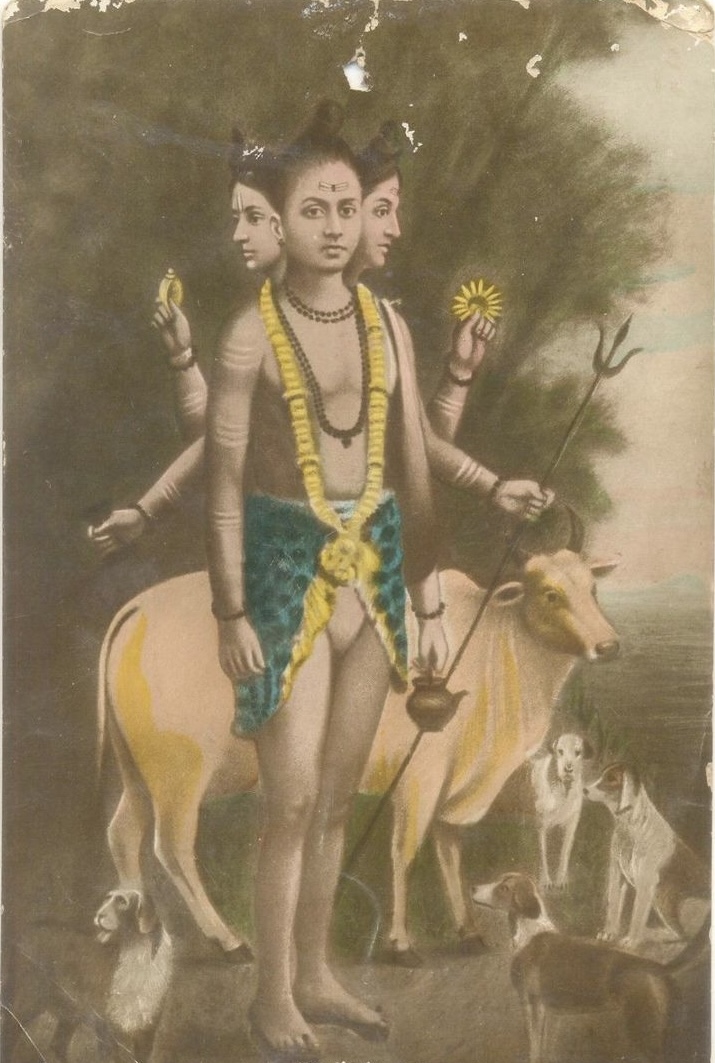 Traditional image of Dattātreya with a cow and dogs