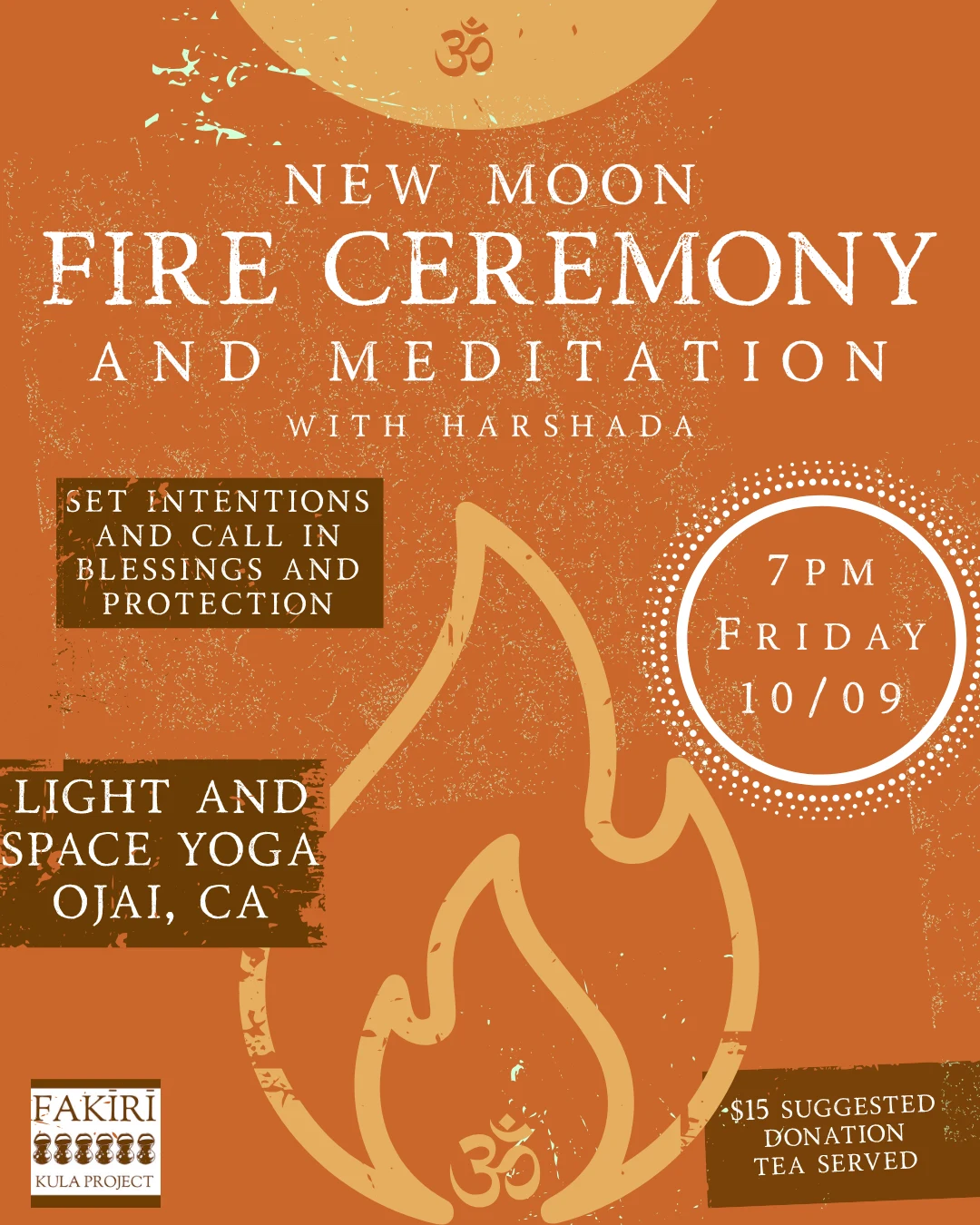 New Moon Fire Ceremony and Meditation flyer with Harshada